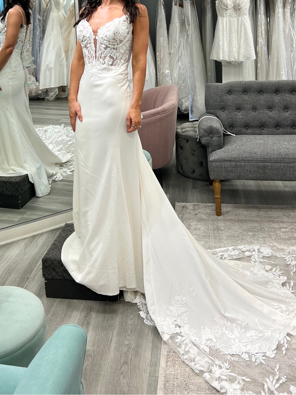 Allure Bridals Ivory Mermaid Lace Bodice Wedding Dress with Long Train